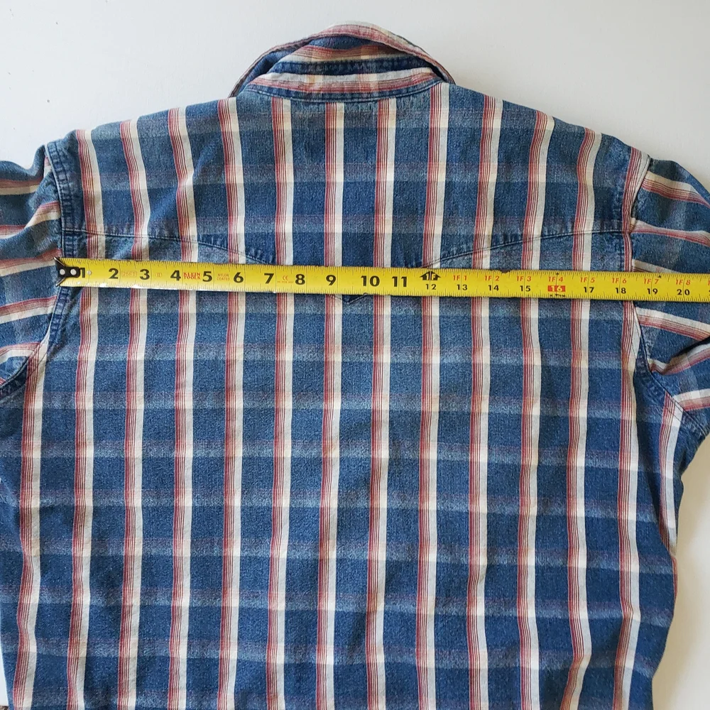 Slim Fit LRG Wrangler Mens Red White Blue Denim Plaid Button Up Western Shirt - Picture 10 of 14
